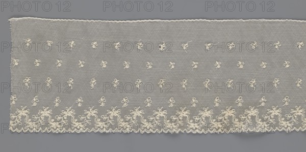 Fragment of lace, lace of unknown origin, floral ornaments, 19th century, Europe, width 13 cm, length 75 cm, A wide piece of delicate lace fabric laid flat, featuring a sheer hexagonal mesh ground in a light cream color against a neutral gray background; scattered across the mesh are a few small embroidered floral or bow-like motifs in the same cream tone, arranged in rows; along the lower edge there is a continuous ornate scalloped border with larger, more intricate embroidered floral and scroll patterns in cream, with a slightly raised texture; the top edge shows a raw, slightly irregular finished edge in cream.