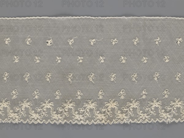 Fragment of lace, lace of unknown origin, floral ornaments, 19th century, Europe, width 13 cm, length 75 cm, A wide piece of sheer net fabric with a hexagonal mesh pattern in light beige overlaying a muted gray background, decorated with a scattered pattern of small embroidered floral motifs in cream, and a denser embroidered floral and scroll border along the lower edge in cream, the bottom edge finished with a scalloped trim in cream, with the top edge showing a slightly irregular finished border in cream.