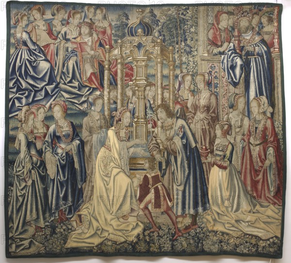 David and Bathsheba tapestry, unknown workshop, Jan van Roome fl. 1498–1521 co-author, tapestries. Depicts David Bible and Bathsheba Bible; courtly scene, masterpiece. In the center is a fountain surrounded by arcades on slender columns. At the fountain is Bathsheba washing her hands. Next to her is the king's messenger, and around her are courtiers and musicians. Above on the right, on the porch in front of the palace, King David, surrounded by courtiers, observes the scene at the fountain. To the upper left is a group of young musicians. The colors of the fabric are limited and saturated, predominating: red, sapphire blue, green, and yellow. Without border. A similar depiction of Bathsheba at the fountain appears on tapestries in Madrid and Brussels; the Madrid tapestry is considered the prototype and belongs to a series of three tapestries telling the story of David and Bathsheba. 1500–1520, Brussels; tapestries; height 295 cm, width 330 cm., A richly detailed woven scene shows a gr...