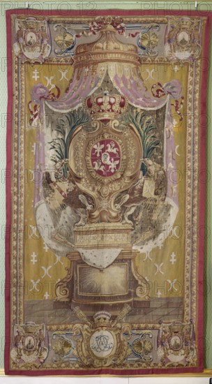 Heraldic tapestry, On the vertical axis, at center under a royal crown in a cartouche beneath a canopy, a five-field shield with the Wieniawa coat of arms of Stanislaw Leszczynski and the Polish–Lithuanian Commonwealth, displayed alongside the Eagle and Pogon. The cartouche is supported from below by two eagles standing on a chancellor's casket. The background of this central composition forms an ermine canopy backing; heraldic emblems of the Duchy of Lorraine and Bar are scattered throughout the background. The border, narrow at the top and wide at the bottom, imitates a gilded frame; both upper and lower corners contain cartouches with the coats of arms of Antoine Chaumont, Marquis de la Galaizière, set against an ermine background. The center upper border shows the finial of a canopy, the lower border bears the monogram AC bound in a cartouche beneath a crown and chancellor’s cap. Predominant colors: broken purple, yellow-gold, brown also described as brown, yellow, purple, and sand...
