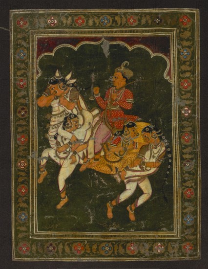 Composite miniature on leather, 18th century, India possibly Rajasthan. Height 26.0 cm, width 19.5 cm. Depicts a rider mounted on a horse composed of four female figures against a dark green background. Framed by a border decorated with multicolored flowers woven into a gold tendril. The rider wears typical Rajasthani male attire: white trousers, red tunic, and turban. The women wear narrow white and yellow trousers, short white and red blouses, and jewelry. Above the man is a mihrab arch typical of Indian architecture. The composite-image motif—human or animal figures inscribed within silhouettes—appears in Iranian and Indian art, including Mughal, Deccan, and Hindu traditions; similar motifs appear in depictions of Buraqa. Origin Central Asia and meaning remain hypothetical., A painted scene framed by a decorative floral border shows a group of figures on a dark green background. At the center a person wearing a red patterned garment and a headdress sits upright, holding a staff. Aro...