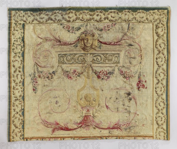 Ornamental tapestry, The tapestry is only partially preserved. The surviving fragment constitutes the main part of the tapestry with architectural-illusionistic decoration in the style of Jean Berain. The border preserved on three sides features a motif of intertwining floral tendrils. The main motif is a fragment of an architrave decorated with a mask and scrolls of acanthus leaves from which floral garlands hang. Beneath this composition, a keystone is decorated with curled acanthus leaves adorned with floral sprigs. Colors: sand background, red, brown, blue, and green ornamentation. Some analogies with tapestries from the Lorraine factory, with grotesques and the combined coats of arms of Lorraine and Orléans. Made for Duke Leopold of Lorraine d. 1721 and his wife Charlotte of Orléans. Decorative composition influenced by Berain-style ornamentation. 18th century, France. Materials: fabrics. Dimensions: height 145 cm, width 180 cm. Subjects: flowers, women, floral ornaments, garlands...