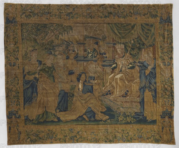 Figural tapestry; late 16th century, Flanders. On the right, a king wearing a crown and holding a scepter sits on a throne under a canopy, next to courtiers. A young woman kneels before the king, and behind her are three ladies-in-waiting. In the center background, terraced buildings with other courtiers; a distant landscape beyond. Surrounded by a border with floral and leaf motifs; in the corners, under canopies, female figures. Materials/technique: woven tapestry; fabrics. Colors: green, sand, blue, yellow, and ochre. Dimensions: height 296 cm, width 355 cm., A woven tapestry showing a group of robed figures gathered around a seated crowned figure on a throne, all depicted in muted golds, deep blues, and faded greens; the central seated figure wears layered garments in gold and dark green and is positioned on a raised platform with drapery behind in green tones, while surrounding figures wear flowing robes in gold, blue, and green and display varied poses and gestures; the scene is ...