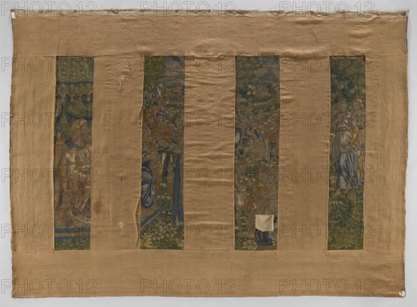 Figural tapestry. In the foreground, on the right, on a throne under a canopy sit two male figures in hats; in front of them stands a woman, behind her a small child, and another woman kneeling. Around them are other figures of women and armed men. In the background is a mountain landscape. Border with plant motifs and female figures; in the upper and lower centers are medallions with small scenes. Colors: green, sand, blue, gray, yellow. 4–5 warps per 1 cm, 10 wefts per 1 cm; wool, silk, wool warp, tapestry technique, numerous visible chains—also used in connecting shades of leaves small color fields and stitched technical slits. 16th century, Flanders. Height 338 cm, width 462 cm., A large rectangular textile is shown with a wide tan border surrounding a central area divided into vertical strips; the border and backing fabric are light brown and beige with visible creases and stitched seams. Within the border there are a few narrow vertical panels of richly colored woven scenes featu...