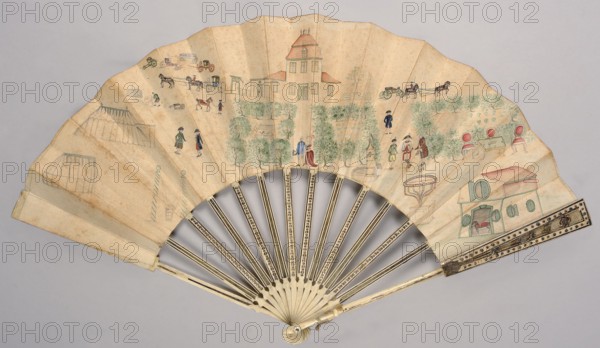Cabriolet fan. A fan with a frame of carved and foil-inlaid ivory. The leaf is decorated with an amateur drawing depicting a country estate with documentary precision. The cover feathers are decorated with fine Rococo ornamentation, inlaid with silver and colored foil. In the center of the drawing, a couple strolls along a garden path leading to the palace; in the background are farm buildings, a stable, a coach house, and horse-drawn vehicles, as well as several figures engaged in farm chores and a group of soldiers. In the garden: military tents, a henhouse, a swing, a sundial, and a card table. Architecture and clothing of figures from the 3rd quarter of the 18th century, 1780s. Place of origin: Germany? Europe. Subject categories: genre scenes, carriages, horses, gardens, fans; clothing accessories. Height: 28 cm., A folding hand fan with pale beige leaf showing a painted outdoor scene in muted colors, including a pale red-roofed building at center, a pale green and red smaller bui...