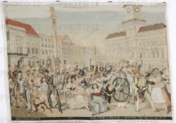 Tapestry - embroidered picture, Malachowska, Benigna 1795-1873 author, tapestries, embroideries, November Uprising 1830-1831, fabrics. The embroidery depicts a scene at Castle Square in Warsaw: repressions against the population after the November Uprising. The embroidery depicts the kidnapping of Polish children by Muscovites from their mothers to be taken to schools deep in Russia. These events took place in Warsaw in 1832, after the collapse of the November Uprising. Cardboard on board after a drawing by Marcin Tworowski fl. ca. 1831–ca. 1835 or a lithograph based on the same drawing by Nicolas Eustache Maurian 1799–1850, was probably made by General Kazimierz Malachowski, and the picture was embroidered by his wife Benigna. In the new catalogue inventory the picture is noted as embroidered by jean. K. Malachowska. Graphic after a drawing by Marcin Twarowski, a Polish officer. Lithograph Maurin. Lithography Studio Engelman. 1838–1839, Chantilly. Fabrics, height 31.5 cm, width 43 cm....