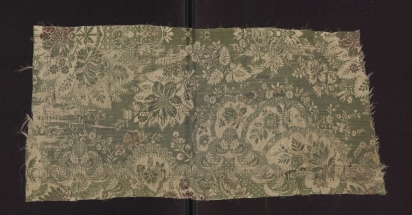 Fabric fragment, early 18th century, France. Silk fabric with preserved patterned and lace-like designs, featuring plant and floral motifs. Colors: green background with sand-beige and cherry weft. Decoration: large repeat with symmetrical, mirror-layout motif; repeat size 48.5 x 49 cm. Dimensions: height 52 cm, width 24.5 cm., A rectangular piece of woven fabric with frayed edges laid on a dark background, showing an overall floral and foliate pattern with large stylized blossoms, leaves, and decorative scalloped motifs; the fabric displays a mottled appearance with areas of wear and small holes, and threads visible along the cut edges. The visible colors include green, beige, off-white, and small touches of muted red and brown.