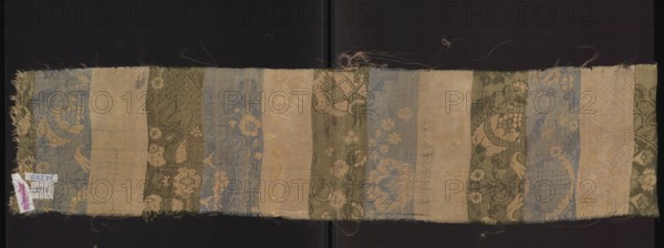 Fragment of fabric. Silk, one-sided damask with floral and lace motifs; background satin with warp cover; brocaded pattern worked in colorful threads. Symmetrical composition with axis at center of the piece; large ornate bouquets of flowers with heavy decorative heads on slender branches; leaves and parts of the background decorated with a lace ornament resembling poin de neige. Colors: salmon satin ground; brocade threads green, white, blue tied in rows. 1st quarter of the 18th century, France. Dimensions: height 95 cm, width 20 cm., A long rectangular fabric strip with alternating vertical panels of patterned and plain weave, laid flat against a dark background. The patterned panels show floral and foliate motifs with stylized blossoms and scrolls, while the plainer panels have a smoother, less ornate texture. The fabric displays a worn, slightly frayed edge at one end and loose threads along the top and bottom borders. Visible colors include muted gold, pale beige, faded blue, oliv...