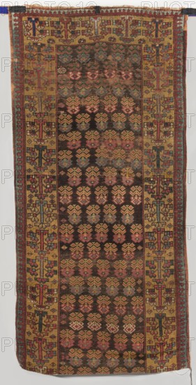Carpet, gift; 18th century, Caucasus. Main field with floral branches arranged in alternating rows. Two-band border: wide inner one with flowering tree motifs and narrow outer one with a tendril. Colors: brown, yellow, and red backgrounds. Motifs are highly geometric. Materials: fabric; height 219 cm, width 111 cm., A rectangular woven textile with an overall pattern of repeating floral-like motifs in rows on a dark brown field, surrounded by a wide mustard yellow border that contains geometric, cross-like designs; the textile shows colors including dark brown, mustard yellow, red, pink, blue, teal, green, and small areas of cream, with visible wear and slight fading in places, fringed edges at the top and bottom, and narrow side bands with alternating small geometric elements.