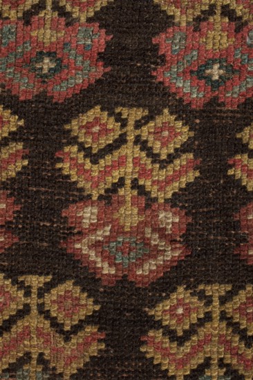 Carpet, Main field with floral branches arranged in alternating rows. Two-band border: wide inner one with flowering tree motifs and narrow outer one with a tendril. Colors: brown, yellow, and red backgrounds. The motifs are highly geometric. 18th century, Caucasus. Fabrics. Height 219 cm, width 111 cm. Maker: unknown., A close-up view of a woven textile showing a repeating pattern of geometric motifs in a dark brown background with a few floral-like shapes in muted red, mustard yellow, teal, and beige; the surface shows woven yarn texture with visible fibers and small irregularities, and the colors appear slightly faded across the pattern.