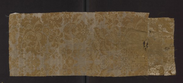 Fabric fragment, fabrics, fragments of silk fabrics, patterned fabrics, floral patterns, stripes, patterns with a symmetrical composition. A type of two-color damask in olive and white. Weave construction: two-color warps olive and white. Background: derivative of a plain weave olive with a sub-ornament promoted with olive warp threads and sparse weft interlacing a type of grodetur. Pattern: derivative of a plain weave white wefts. Decoration: symmetrical in a mirror-like arrangement with axis of symmetry at center of the panel; branches of stylized flowers dominated by large, blooming peonies; sub-ornament features floral and lace motifs. Colors: olive background, white motifs. Wefts: white and olive. Warps: white and olive; leading—olive. Panel width: ?; edge width: 0.4. Report: height 40 cm, width ?; 1st half of the 18th century, France ; fabrics, height 65 cm, width 24 cm., A rectangular piece of patterned fabric with a floral damask design laid against a dark background; the fabri...
