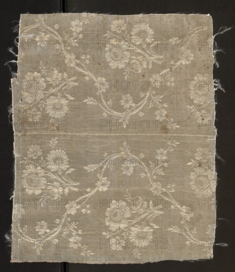 Fabric fragment, fabrics, fragments of silk fabrics, patterned fabrics, floral patterns, Double-warp fabric. Cream and silver lamé with a pattern of twisting floral branches. 18th century, France, fabrics, height 47 cm, width 39 cm., A rectangular piece of woven fabric with frayed edges lying flat against a dark background, showing a repeating floral pattern in a lighter shade against a muted beige ground; the fabric displays several stylized flowers with curving stems and leaves arranged in diagonal swags, and the surface shows a few small stains and areas of slight discoloration; the visible colors are beige, off-white, cream, and dark brown from the background.