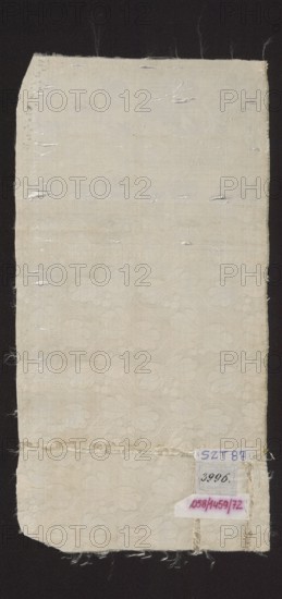 Fragment of silk fabric, fragments of a larger textile object, patterned silk fabric, 18th century; Droguet maurois sur fond taffeta, à petits dessins liserés. Dimensions: 5.5 x 7 cm. A drawing of a similar pattern appears in J. Paulet's L'Art du fabricant d'étoffes de soie 1789, fig. 195. Additional dimensions noted: height 38 cm, width 19 cm., A rectangular piece of light-colored fabric with a subtle floral woven pattern lies against a dark background; the fabric shows frayed edges and a few horizontal seams, with several small slits and worn areas scattered across its surface, and a small cluster of attached paper tags at one corner. The visible colors are pale cream, off-white, beige, a few touches of light gray, dark gray in the background, and a small area with a pinkish hue on one of the tags.