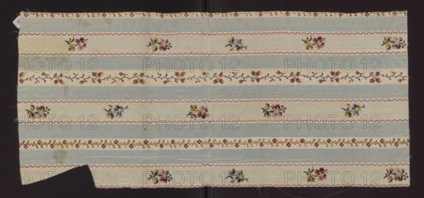 Fabric fragment, fragment of silk fabric with a pattern of alternating vertical stripes of blue and cream; colorful motifs of small flower sprigs and tiny floral tendrils on the light stripes. 19th century, France. Silk. Height 72 cm, width 32.5 cm., A rectangular piece of fabric with alternating horizontal bands in pale blue and off-white, decorated with a repeating floral motif; the off-white bands contain small embroidered bouquets in colors including pink, yellow, green, and blue, separated by wavy red trim, while a few narrow off-white strips feature a garland of small flowers in shades of rust, brown, and muted red on a dark branch; there is a narrow decorative border with tiny floral clusters in red and yellow against an off-white ground, and the fabric edges show some fraying and a missing corner on one side, all set against a dark background.