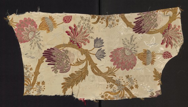 Fragment of upholstery fabric, silk and cotton brocade, cream grosgrain ground brocaded with colorful threads in floral and fantastic motifs. Pattern of winding twigs with fanciful flowers and plumes of leaves resembling bird wings. Possibly 18th–early 19th century ca. 1760–1814 France. Dimensions: height approx. 64–71 cm x width 32 cm; edge width 0.9 cm. Threads: red, dark and light pink, dark and light brown, damp green, blue, silver metal, and copper metal. Fabric has preserved selvedge., A rectangular piece of fabric with frayed edges laid on a dark background, showing a floral woven pattern in colors including cream, gold, pink, purple, green, grey, and burgundy; large stylized flowers and leaves connected by sinuous stems form a repeating motif, with some flowers composed of layered petal shapes in pink and burgundy, others with fan-like purple and grey petals, and decorative golden-brown foliage weaving throughout; the fabric surface shows areas of sheen and subtle diagonal text...