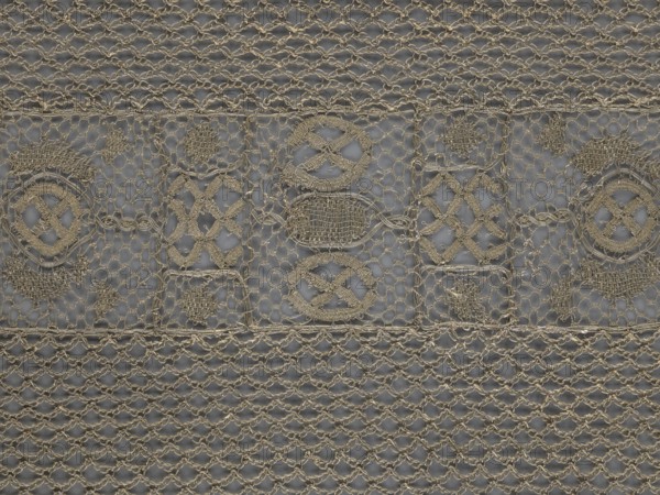 A so-called Saxon lace belt, lace, belts, clothing accessories, men's clothing, clothing, fashion, provenance: deposit. The central part is a continuous belt with a geometric ornament; among the motifs is a circle containing an hourglass. The side belts of similar width are permanently connected. The entire belt is trimmed with fringe. 17th/18th century, Poland, lace, clothing accessories, clothing, height 270 cm, width 25 cm., A textured close-up of an ornate woven fabric showing a repeating pattern of intricate knotted and looped threads in a metallic beige or gold tone against a muted gray background, with sections of open mesh and denser embroidered motifs including circular and diamond-shaped designs and small clustered knot details, a horizontal band with more solid woven inserts runs across the center, and the upper and lower areas display a looser net-like lattice of interlinked loops.