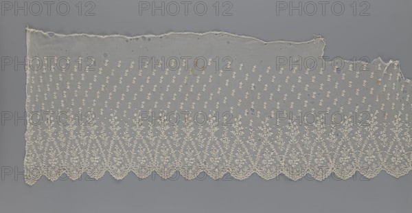 Lace fragment — shuttlecock, mid-19th century, France. Lace clothing accessory shuttlecocks. Lower edge: semicircular serrations bordered with fine serrations with geometric ornament. From the semicircular serrations upwards: a repeating floral ornament with a twig motif in triangular divisions. Above this, a small twig in a regular projection. Materials: lace. Width 42 cm; length 430 cm., A rectangular piece of delicate lace fabric laid flat, showing a sheer fine net background in pale gray with an overall off-white embroidered floral pattern; the top edge is uneven and slightly frayed with a few irregular holes, while the bottom edge has a scalloped border of denser floral embroidery. The embroidery consists of a repeated small sprig motif across the upper area and a larger, more intricate series of floral sprays and vine-like patterns near the scalloped edge. There are a few small darker discolorations on the lace, and several circular holes of varying sizes scattered across the fab...