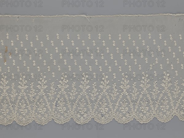 Lace fragment - shuttlecock; maker, mid-19th century, France. Lace shuttlecock used as a clothing accessory or fashion ornament. Lower edge: semicircular serrations bordered with fine serrations with geometric ornament. From the semicircular serrations upwards: a repeating floral ornament with a twig motif in triangular divisions; above this, a small twig in a regular projection. Materials: lace. Width 42 cm, length 430 cm., A length of sheer fabric laid flat, showing an overall pale gray background with an intricate embroidered pattern in off-white or cream; a scalloped embroidered edge runs along the bottom with repeating floral and vine motifs, above which a denser band of embroidered branch-like shapes rises, and a more open field of small embroidered sprigs and dots fills the upper area; the fabric shows a few small holes and a few areas of fraying along the top edge, and a small discolored spot with a brownish tone on the left side.