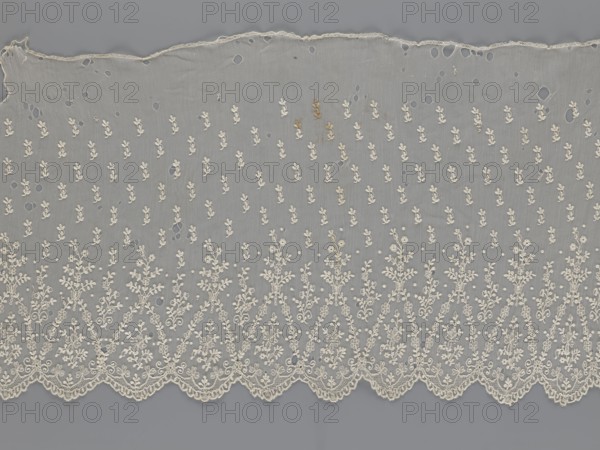 Lace fragment - shuttlecock, mid-19th century, France. Lace shuttlecock used as a clothing accessory/fashion item. Lower edge: semicircular serrations bordered with fine serrations with geometric ornament. From the semicircular serrations upwards: a floral ornament repeating with a twig motif in triangular divisions; above this, a small twig in a regular projection. Materials: lace. Dimensions: width 42 cm, length 430 cm., A length of delicate off-white lace fabric with a scalloped bottom edge and an irregular top edge, laid flat against a gray background; the lace has a repeating floral and leafy embroidered pattern that becomes denser toward the scalloped edge, with a sheer net-like ground showing a few small holes and some tiny darker spots; the visible colors are off-white for the lace and shades of gray for the background and the sheer areas.