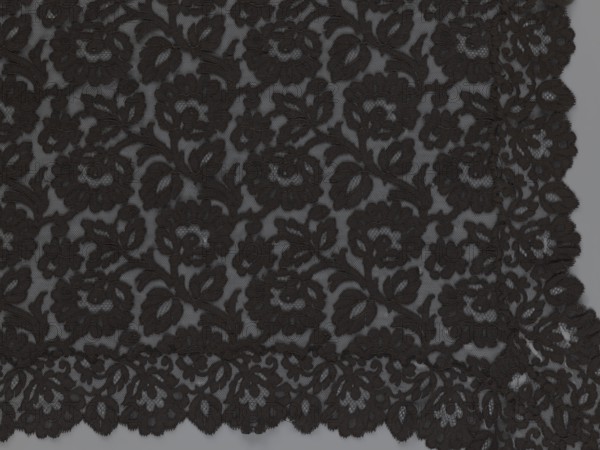Cape, lace, in the form of a square with two wide, elongated lace ties. Continuous floral ornament with a motif of a large, asymmetrical flower sprig. Raised edge, a strip of floral edge ornament made separately and sewn on. 2nd half of the 19th century, France., Height 97 cm, width 168 cm., A close-up view of a textured black lace fabric with an ornate floral pattern, showing a repeated design of flowers and leaves on a sheer grayish background; the lace has scalloped edges and intricate openwork, with visible threads and raised embroidered areas in black against the lighter gray base.