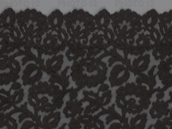 Cape, lace, in the form of a square with two wide, elongated lace ties. Continuous floral ornament with a motif of a large, asymmetrical flower sprig. Raised edge, a strip of floral edge ornament made separately and sewn on. 2nd half of the 19th century, France. Materials: lace. Dimensions: height 97 cm, width 168 cm., A patterned piece of lace fabric with a floral and leaf motif in black over a gray background, showing a scalloped top edge, a repeating arrangement of flowers and leaves, and a fine mesh net visible through the lace.