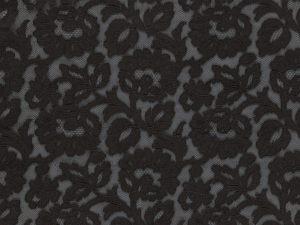 Cape, lace, in the form of a square with two wide, elongated lace ties. Continuous floral ornament with a motif of a large, asymmetrical flower sprig. Raised edge, a strip of floral edge ornament made separately and sewn on. 2nd half of the 19th century, France. Materials: lace. Dimensions: height 97 cm, width 168 cm., The image shows a patterned black lace fabric with a floral and leafy motif against a slightly lighter dark background, featuring a repeating arrangement of flower shapes and leaves connected by curving stems, with the lace texture visible through a fine mesh and the dominant colors being shades of black and dark gray.