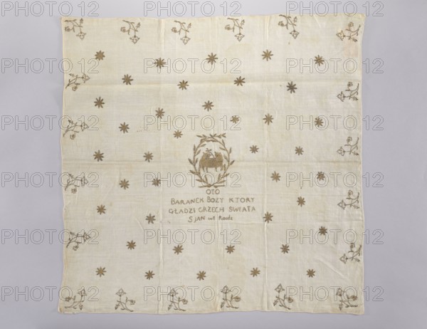Church napkin. Linen napkin with a rare plain weave 34 warp and weft threads per 1 cm, embroidered with gold thread using pierced stitches. Double-sided embroidery, executed with the same precision on the right and left sides; only the letters indicate the right side. Gold thread on a natural-colored silk ground. In the center, in an oval formed by crossed palm branches, the Paschal Lamb with a labarum. Below is the inscription: BEHOLD THE LAMB OF GOD WHO TAKES AWAY THE SIN OF THE WORLD / S. JOHN in Chapter I. The field is filled with stars rhythmically arranged in 9 rows. Small, stylized Persian-style flower sprigs are placed along the edges. Edges are rolled up by approx. 2 mm. 17th century, Poland. Height 79 cm, width 83 cm., A square off-white cloth with a slightly wrinkled texture laid flat against a light gray background, decorated with a repeated motif of small eight-pointed stars in a brownish-golden thread scattered across the surface and a wreath-like oval embroidered near th...