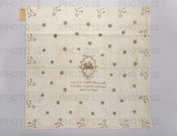 Church napkin. Linen napkin with a rare plain weave 34 warp and weft threads per 1 cm, embroidered with gold thread using pierced stitches. Double-sided embroidery, executed with the same precision on both sides only the letters indicate the right side. Gold thread on a natural-colored silk ground. In the center, in an oval formed by crossed palm branches, the Paschal Lamb with a labarum. Below is the inscription: BEHOLD THE LAMB OF GOD WHO TAKES AWAY THE SIN OF THE WORLD / S. JOHN in Chapter I. The field is filled with stars rhythmically arranged in nine rows. Small, stylized Persian-style flower sprigs are placed along the edges. Edges are rolled up by approx. 2 mm. 17th century, Poland. Height 79 cm, width 83 cm. Function: church paraments; iconography: Eucharistic Lamb; motifs: flowers, leaves, plant ornaments; sacred art; churches and chapels furnishings., A square, light-colored cloth laid flat against a pale gray background, showing a repeating decorative motif of small star-lik...