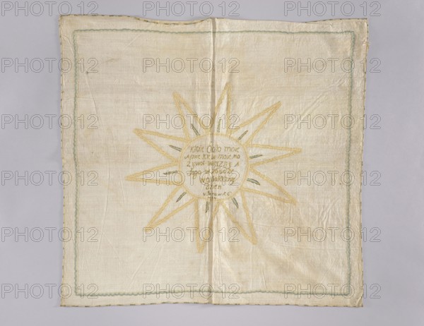 Church napkin. Napkin made of linen with a fairly dense weave. In the middle an inscription embroidered with gold thread on a silk ribbon: Whoever eats my body / and drinks my blood has / eternal life And / I will raise / the last / day / in John in the year 6 / in 54. Around it is an appliquéd narrow grosgrain ribbon in cream and beige forming a circle with three-pronged rays 10, and within them small blue and gold embroidered rays. An identical grosgrain ribbon in three tones of blue is sewn around the edges of the napkin. The ribbons, approximately 8 mm wide, date from the second half of the 18th century, but the inscription was created earlier, as the sewn-on ribbon partially obscures its lower letters. Fabric density: 30 warp and weft threads per cm. 18th century, Poland. Height 76 cm, width 80 cm., A square textile laid flat with visible creases and a stitched border, showing a light beige or off-white background with a pale green decorative inner border and a thin darker edge; i...