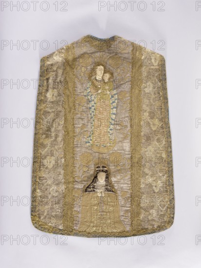 Chasuble;, Madonna and Child; St. Bridget 1303–1373. Slepowron coat of arms; coats of arms: Michalowa Trebicka, Maria fl. ca 1922 — remove? Note: per instruction, remove collection references. Religious scenes, saints, floral and plant ornaments; liturgical vestment, church paraments, sacred art. Chasuble made of solid fabric with a floral pattern, with embroidered columns. On the front column: figure of St. John the Evangelist holding a chalice with a snake; below, a cartouche with the Slepowron coat of arms and the letters TLSD around it. On the back column: Mary and Child on a crescent; below, a kneeling Saint Bridget with the inscription around her head: SM BRIGITTA. Stylized floral motifs embroidered in the background of the columns. Columns and sides trimmed with gold bobbin lace. 17th century. Fabric possibly Spanish; embroidery Polish. Liturgical vestment. Dimensions: length 100 cm, width 69 cm back., An embroidered textile panel with a central vertical composition flanked by d...
