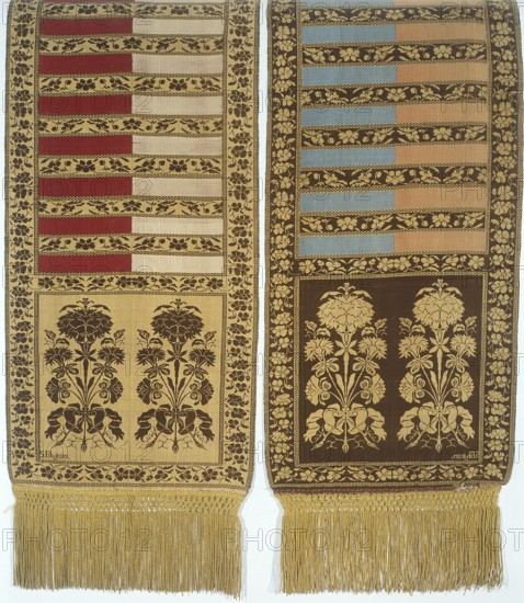 Kontusz sash, Szczepan Filsjean Manufactory Kobylka; belt manufacturer; 1787–1794. Four-sided silk kontusz sash. Bipartite heads with an ornament of stylised flower bouquets tied with a wide ribbon in a bow. Alternating transverse stripes, plain and with a floral tendril ornament. Border made of floral projections. Dominant colors: yellow, dark crimson. Fringe sewn on, silk, straw-colored, braided at the top. Ornament - Heads: two floral bouquet motifs each. - Middle: alternating transverse shelves, plain and with a floral tendril motif. - Borders: vertical and horizontal with a tendril motif, checkerboard. Colors - Front: straw background of heads, borders and shelves with tendril, brown ornament; plain shelves half white, half red. - Reverse right: only plain shelves, half blue, half pink. Weave density: approx. 18/36 x2 in heads, 17/29 x2 in shelves. Bouquet motifs similar to motifs in other kontusz belts. Date: 1787–1794. Place of origin: Kobylka, Poland. Function: national costume...