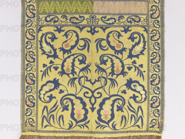 Kontusz belt, Giani I. 19th century. Four-sided kontusz belt with heads composed of two branches bearing bota palmettes in mirror symmetry. Centre: transverse shelves alternating with a tendril with bota motifs and a zigzag ribbon. Edges: tendril motifs like the shelves. Borders: arranged in squares. Colouring: Right side — straw-colored background; ornament of heads, borders, and shelves with tendrils in navy blue and shades of blue and pink; shelves with zigzags half lilac. Left side — colouring of heads, borders, and shelves with tendrils reversed from the right side; shelves with zigzags have a background half straw-colored and half celadon-colored; ornament is lilac. Technique: flaunted and brocaded weave. Weave density: approx. 26 weft threads and 22 warp threads per cm². Function: men's kontusz belt clothing accessory. Date/place of origin: 19th century, Vienna. Dimensions: length 325 cm, width 37.5 cm., A rectangular textile panel with a decorative border and central repeating ...