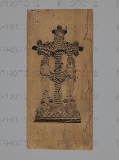 Double-sided gingerbread mould. Obverse: Adam and Eve in paradise—naked figures standing under the Tree of Knowledge with a snake wrapped around it; below, plant and floral motifs. Reverse: a baby in swaddling clothes decorated with a plant ornament. Folk-style decorative/figurative motifs; religious iconography Adam and Eve, snake/sin, plant motifs. Applied/decorative art, gingerbread mould. Rectangular form; height 22.2 cm, width 10.5 cm, depth 3.3 cm. 18th–19th century, Province of Silesia 1742–1918., A rectangular wooden board with a carved relief depicting a stylized tree with broad, patterned branches and a textured trunk, flanked by a pair of standing human figures carved in shallow relief, each with long hair and elongated bodies; the base shows carved foliage and flower motifs and a patterned ground line. The board is light to medium brown with darker brown carved recesses and a few darker streaks and marks in the wood, set against a plain gray background.