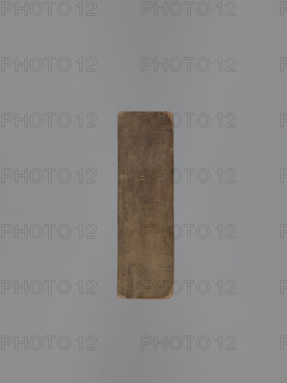 Double-sided gingerbread mould. Obverse: decorative pipe; reverse: nine fish. Double-sided rectangular mould; on one side a long decorative pipe with fluted decoration, on the stem the letter A in an oval, at the mouthpiece two decorative tassels; on the other side, nine stylized fish covered with scales, arranged in a row. Folk-style decorative applied art; gingerbread mould, pipes, fish. 18th–19th century. Province of Silesia 1742–1918. Form. Height 22.7 cm, width 11.5 cm, depth 3.5 cm., A single rectangular wooden block is shown centered against a smooth background; the block has rounded corners, a worn surface with visible grain and small scratches, and a small circular indentation near its center. The visible colors are shades of brown on the wooden block and shades of gray in the background.
