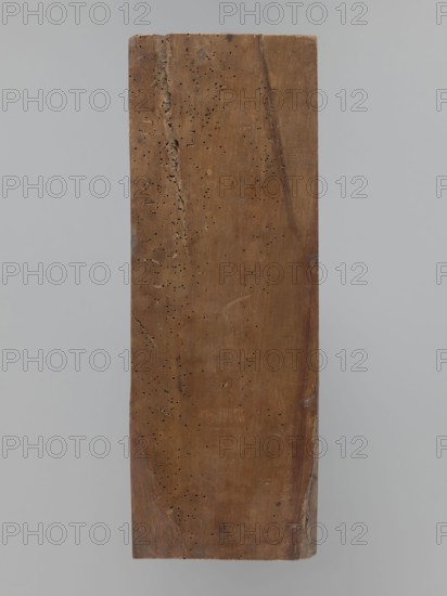 One-sided gingerbread mould with the image of a bachelor: one-sided rectangular mould depicting a male figure standing with joined hands, wearing a patterned tricorn hat and a long wig, in a bachelor’s costume from the 2nd half of the 19th century; described as 17th century or early 18th century dress justokor, culottes, stockings and high-heeled shoes. A dog stands at the man's leg; decorative plant motifs at the bottom. Folk-style applied/decorative art; plant decorations and motifs; dogs; gingerbread mould. Silesia Province of Silesia, 18th–19th century. Form dimensions: height 50 cm, width 18 cm, depth 4.2 cm., A single vertical rectangular wooden plank with a warm brown surface showing a vertical crack and a pattern of small round holes scattered across it, set against a smooth pale gray background, with areas of darker brown along the edges and subtle lighter brown scuff marks on the surface.