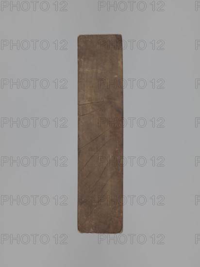 Double-sided gingerbread mould. Rectangular shape, height 25.8 cm, width 19.4 cm, depth 4.3 cm. Obverse: image of a lion with an abundant mane standing on a base decorated with plant-twig ornament, holding a ball engraved with the date 1829 and a symbol of an anchor intertwined with the letter S; bottom with floral and plant decoration. Reverse: figure of a rider on horseback in early 19th-century riding attire jacket, breeches, top hat, holding a riding crop; at the horse’s front legs a round shield engraved 1831 and the same anchor-with-S symbol mark of the woodcarver or owner; bottom with floral and plant ornament. Materials/genre: applied art, gingerbread mould; iconography: figurative scenes, lions, horse, historical costumes, plant motifs. Region: Silesia Province of Silesia, 1742–1918., A long vertical rectangular wooden plank with rounded corners suspended against a uniform pale gray background, the plank showing a weathered brown surface with darker and lighter brown variation...
