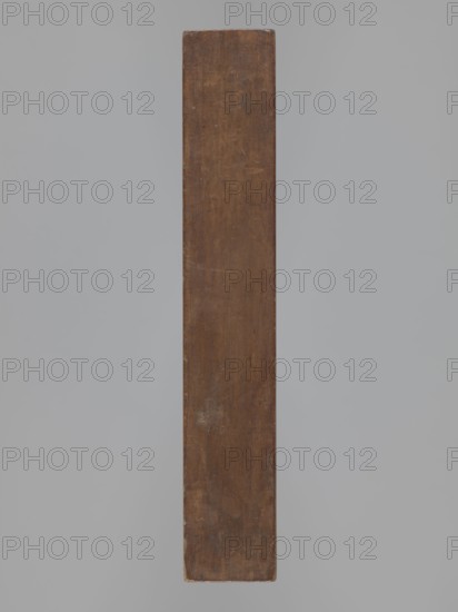 Double-sided gingerbread mould. Rectangular shape, carved wood, height 25.8 cm, width 19.4 cm, depth 4.3 cm. Obverse: image of a lion with an abundant mane standing on a base decorated with plant-twig ornament, holding a ball engraved with the date 1829 and a symbol of an anchor intertwined with the letter S; floral and plant decoration at the bottom. Reverse: figure of a cavalier on horseback in early 19th-century riding attire jacket, breeches, top hat, holding a riding crop; a round shield at the horse's front legs engraved 1831 and the same anchor-and-S symbol mark of the woodcarver or owner of the form; floral and plant ornament at the bottom. Iconography: figurative scenes, lions, rider on a horse, historical costumes, plant motifs. Function: gingerbread mould. Region: Silesia Province of Silesia, 1742–1918. Date: 1829 / 1831., A long narrow vertical wooden plank with a worn brown surface centered against a smooth pale gray background, showing subtle scratches, scuffs, and variat...