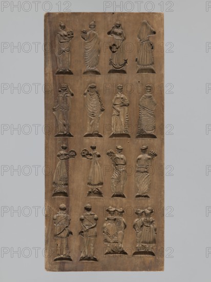 Double-sided gingerbread mould; obverse: 16 images of various figures; reverse: 12 depictions. Double-sided rectangular mould; on one side sixteen small images depicting various human figures, male and female, arranged in four equal rows, shown from the front and from the back. The other side: twelve elements including two male figures on a rooster, another in peasant costume, presented in two views front and back; four different elements of clothing; two pipes decorated with tassels; and two birds sitting on a flower-filled crater; a column decorated with a flower garland with two birds on top. Figurative motifs, male figures, female figures, birds, zoomorphic motifs, floral decorations, figurative scenes, historical costumes, folk motifs; applied art; gingerbread mould; 18th–19th century; Province of Silesia 1742–1918. Form: rectangular; height 29.8 cm, width 13.8 cm, depth 3.8 cm., A rectangular wooden panel in brown shows a grid of carved human-shaped silhouettes arranged in rows, ...