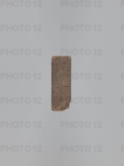 Double-sided gingerbread form. Obverse: heraldic shield; reverse: plant ornament. Double-sided rectangular form; on one side at the top a heraldic shield with a bipartite field, on the left two crossed swords; on the right geometric and plant motifs including an image of rue. In the lower part three framed fields, one rectangular, the other two ending with an arc, each containing on a dashed background a rose symbol. Reverse: complex decorative motif of symmetrically arranged and interwoven plant elements. Materials: form. Iconography: coats of arms, roses, plant ornaments, geometric ornaments, swords, crown motif, rue, grapevine. Function: gingerbread mold. Date: 18th–19th century. Place: Province of Silesia 1742–1918. Dimensions: height 26.7 cm; width 10.2 cm; depth 3.8 cm., A single rectangular wooden block with rounded corners and a worn, rough surface floats against a smooth, pale gray background; the wood shows dark brown and lighter brown tones with visible grain, cracks, small ...