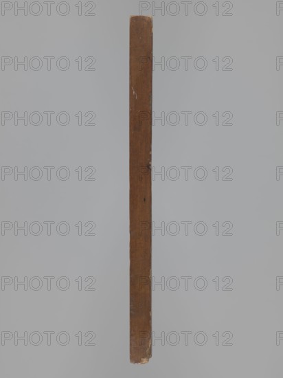 Double-sided gingerbread mould. Oblong rectangular shape, height 25.3 cm, width 6.6 cm, depth 1.5 cm. Obverse: seven floral and plant motifs — bouquets of roses and other flowers and two floral wreaths; folk-style floral decorations and zoomorphic motifs. Reverse: twelve framed motifs — a sequence of twelve images depicting a human figure during farm work in a rectangular frame, below eight medallions containing representations of human heads and various animals. Gingerbread mould, applied art, figural scenes, wreaths, human figures, decorative art; Silesia, 18th–19th century., A long vertical wooden plank with a worn brown surface and visible small chips and scratches, set against a smooth light gray background.