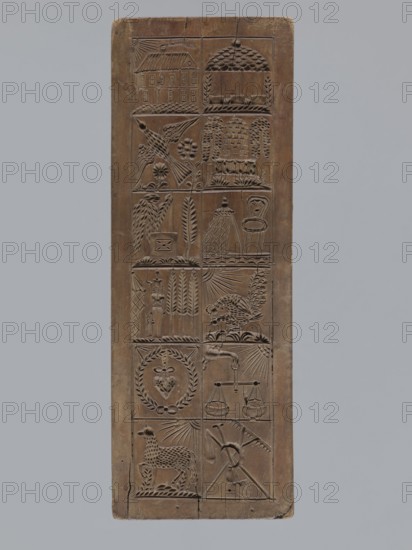 Double-sided gingerbread mould with different representations on both sides, carved by Glauer woodcarver or gingerbread maker; gingerbread, woodcarving, decorative/applied art, genre and figurative scenes, folk motifs; dated 1828. Double-sided rectangular mould; one side: four images — a baby in swaddling clothes and a fish top and, at the bottom, two standing figures: a man and a woman in rural folk costume woman in a long dress holding a handbag; man with a hat, pipe, left hand resting on a shovel. Reverse side: twelve images in a rectangular frame depicting a house; a temple with a colonnade; a bird among trees; a beehive against a forest background; a pedestal or altar among trees; a room with a chair; a military guard in front of a tent with trees in the background; chickens pecking for food; a heart in a wreath; a cupid and scales; a lamb in a meadow; and agricultural tools. The name Glauer signature of the maker is carved on the edge, followed by the date j.1828. Province of Sil...