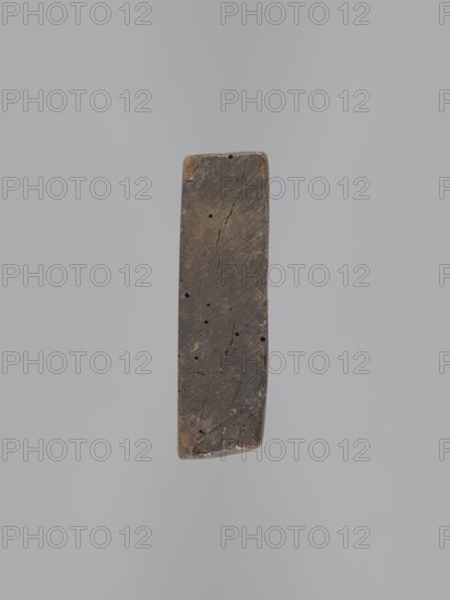 Double-sided gingerbread form. Obverse: image of Madonna and Child; figure of the Virgin Mary in a large patterned robe, surrounded by five children two on her lap, three at her feet; German inscription at the bottom: DIE LIEBE IS BEI MIR SO GROS ACH NIM / MICH IN DEINEM SCHOS. Reverse: two long rectangular frames filled with floral ornament. Materials: gingerbread decorative art, folk motifs. Style/period: 18th–19th century, Silesia Province of Silesia, 1742–1918. Function: form. Dimensions: height 19 cm, width 11 cm, depth 3.3 cm. Icons/themes: Madonna iconographic, Christianity, children, plant ornaments., A vertical rectangular object with rounded corners suspended against a plain light gray background; the object appears dark brown with lighter brown and ochre areas, showing a weathered surface texture with visible cracks and several small round holes, and subtle variations of black and charcoal tones across its face.