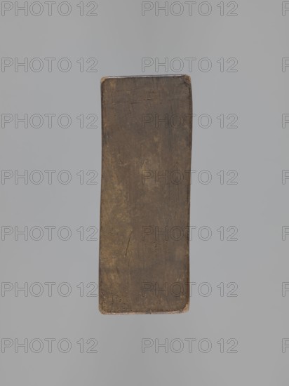 Double-sided gingerbread mold. Obverse: male figure on a rooster; reverse: bird. Double-sided rectangular mold; on one side a male figure in a high hat and a fur-lined jacket, sitting on a rooster, with a decorative plant ornament at the bottom; on the other side, image of a bird turned to the right with a plant ornament at the bottom. Folk-style decoration, gingerbread mold featuring birds, riders, and roosters iconography. 18th–19th century, Province of Silesia 1742–1918. Mold; height 15.5 cm, width 9 cm, depth 3.7 cm., A vertically oriented rectangular wooden plank with worn, rounded corners suspended against a smooth gray background, showing a weathered brown surface with darker brown streaks, subtle lighter brown patches, faint scratches and small dents, and areas of slightly discolored beige along the edges.