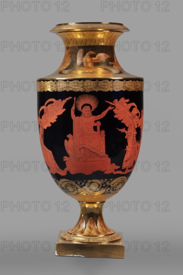 Amphora vase with a retinue of Greek gods; early 19th century, Berlin, Germany. Ovoid body with a separated recess and slightly upturned neck; on a spool foot and square plinth. Black ground with overglaze-painted red-figure retinue: Zeus on a throne surrounded by the Muses, Neptune Poseidon with Amphitrite, and Athena . Traces of gilded and engraved antique-looking floral ornament under the neck, on the lower body, and on the neck under the rim. Around the gilded neck and foot, painted in sepia and brick brown, are five compositions featuring an eagle, insignia of power, a shield, a sword, a helmet, a dove, a floral wreath, and Neptune's attributes. A trail of leaves surrounds the foot. Foot mounted with a belly on a spindle., A tall ornamental vase with a flared rim and pedestal base, primarily showing deep black, bright gold, and vivid red-orange colors; the upper neck and rim area are gilded with gold and include decorative gold patterns and a painted gold bird; the main body is bl...