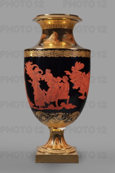 Amphora vase with a retinue of Greek gods, KPM Koenigliche Porzellan Manufaktur, Berlin, early 19th century. Ovoid body with a separated recess, slightly upturned neck, on a spool foot and square plinth. Black body with overglaze-painted red-figure retinue: Zeus on a throne surrounded by the Muses, Neptune Poseidon with Amphitrite, and Athena . Traces of gilded and engraved antique-looking floral ornament beneath the neck, on the lower body, and under the rim. Around the gilded neck and foot, painted in sepia and brick brown, are five compositions featuring an eagle insignia of power, a shield, a sword, a helmet, a dove, a floral wreath, and Neptune's attributes. A trail of leaves surrounds the foot; the foot is mounted with a belly on a spindle. German, Berlin; early 19th century., A tall decorative vase photographed against a gray background, featuring a glossy black body with orange-red painted figures and cloud-like shapes depicting seated and standing people in classical dress, a ...