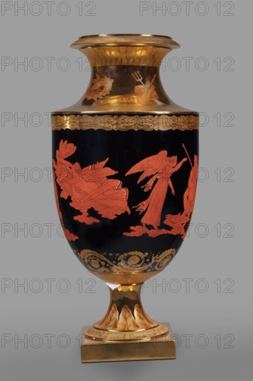 Amphora vase with a retinue of Greek gods; early 19th century, Germany, Berlin. Ovoid body with a separated recess and slightly upturned neck, on a spool foot and square plinth. Black body with overglaze-painted red-figure scene: Zeus on a throne surrounded by the Muses, Neptune Poseidon with Amphitrite, and Athena . Traces of gilded and engraved antique-looking floral ornament around the edge under the neck, the lower part, and the neck under the rim. Golden neck and foot painted in sepia and brick brown with five compositions featuring an eagle, a shield, a sword, a helmet, a dove, a floral wreath, and Neptune's attributes; a trail of leaves surrounds the foot. Foot mounted with a belly on a spindle., A tall decorative vase standing on a square base with a pedestal, showing a glossy black body decorated with orange-red figures of winged and robed human forms on cloud-like shapes, a band of ornate gold scrollwork and floral motifs near the top and bottom of the main body, and addition...