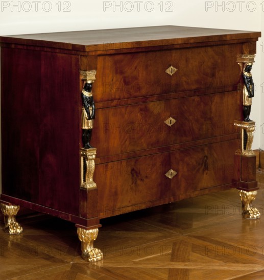 Chest of Drawers, Weiss, Jan Bogumil fl. ca. 1810–1830 carpenter, author; animal paws; Egyptians; Empire style; plant decoration; pre-war; Three-drawer cuboid chest of drawers with a wooden top; veneered with mahogany, with painted and gilded carved elements. Low legs in the form of lion's paws; above, in the front corners, carved figures of standing men on gilded plinths and headstones. The top repeats the outline of the body, with a petal-shaped rim. Cast brass lock plates in the form of a rhomboidal rosette. The walls and top are made of boards. The back is framed with a single panel. Mortice-type, single-bolt locks. 1816, Warsaw; piece of furniture, storage unit. Height 87.5 cm, width 105 cm, depth 60 cm., A wooden chest of drawers with a rich reddish-brown and warm brown varnished finish, showing visible wood grain on the drawer fronts and top, flanked at each front corner by decorative black-painted carved figures wearing gold-painted garments and headpieces; the figures rest on ...