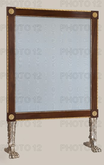 Fireplace screen in the form of a rectangular, mahogany-veneered frame mounted on a pair of carved, gilded bipods in the shape of animal paws. The stiles are angular, with a carved and gilded strip on the outside featuring a geometrical laurel leaf motif. The frame has round brass rosettes made of embossed sheet metal on the joints. Early 19th century, Central Europe. Empire style. Piece of furniture. Height 135.5 cm, width 89.3 cm, depth 29 cm., Rosette; animal paws; plant decoration., A rectangular decorative screen with a broad dark brown wooden frame accented by gold braided trim and gold circular rosette ornaments at the corners, enclosing a pale blue panel with a subtle woodgrain-like pattern; the screen stands on two silver-colored carved legs that resemble feathered supports ending in clawed feet, and the background is a plain beige.