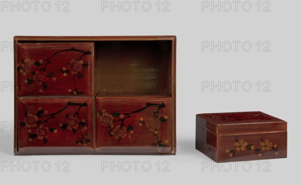 Box, decorated with red lacquer painted with a pattern of blooming cherry blossoms. Rectangular box with a put-on lid; on the lid a slightly concave black field with rounded corners and a narrow gilded frame, inlaid with carved decoration of hydrangea branches, a bird, and a butterfly. Branches and leaves are dyed green. Inside are four small boxes with lids, decorated with red lacquer painted with a pattern of cherry blossoms and branches. 19th/20th century, Japan. Container. Height 8 cm, width 26 cm, depth 19 cm., A rectangular wooden box with a square compartment removed shows a group of smaller square drawers with floral branch motifs in shades of red, dark brown, black, and gold, and an open compartment with a brown interior; beside it sits a separate lidded rectangular box decorated with similar floral branches in red, brown, black, and gold on its top and sides, all set against a pale gray background.