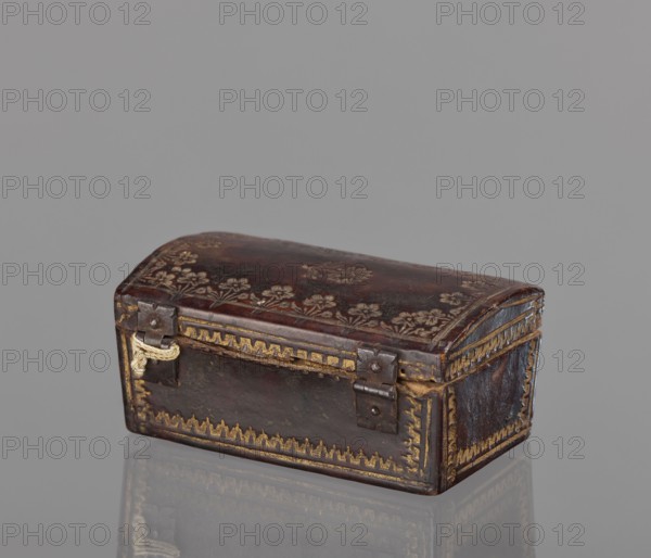 Case for a stamp, bookbinding, embossing; leather case in the form of a chest slightly widened at the top, with an eternal hinge slightly convex, covered with leather with gold-embossed decoration stripes and zigzag lines at the edges; on the lid, flowers with stems at the edge and one in the center. Interior lined with pink satin. 2nd half of the 18th century, Poland . Case; height 3.5 cm, width 7.8 cm., A small rectangular box with a slightly domed lid sits on a reflective surface; the box appears made of a dark brown material with areas of lighter brown wear and a decorative border in a yellowish-gold color, and the lid shows a pattern of floral motifs in muted gold and brown tones. The front edge has two metal hinges in a dark metallic gray and a short braided cord in a pale beige attached near one hinge. The sides and corners display the same dark brown and gold decorative trim, and the reflection beneath the box mirrors its brown, gold, and gray colors against a neutral gray back...